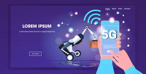 Human hand using mobile app controlling robotic loader 5G online wireless sys 库存插图