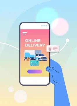 Human hand using mobile app for ordering goods by cargo truck fast delivery Illustrazione stock