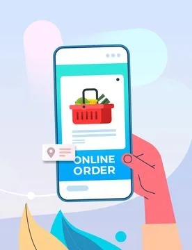 Human hand using mobile app for ordering groceries fast delivery online shopping Stock Illustration