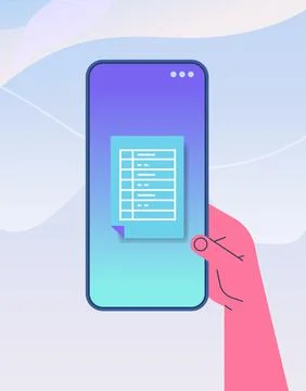 Human hand using mobile app online data statistics remote business control on Illustrazione stock