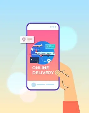 Human hand using mobile app for ordering goods by airplane fast delivery service 스톡 일러스트