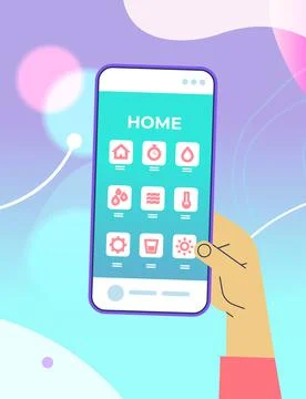 Human hand using mobile app for smart house system control on smartphone screen Stockillustratie