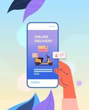 Human hand using mobile app for ordering goods by scooter fast delivery service 스톡 일러스트