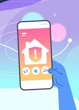 Human hand using mobile app for smart house system control on smartphone screen Stockillustratie