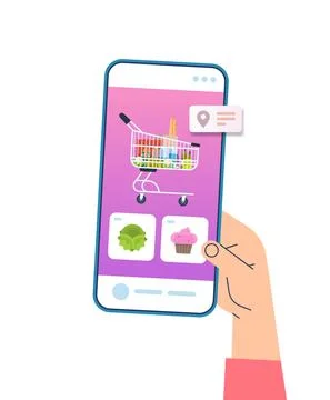 Human hand using mobile app for ordering groceries fast delivery online shopping Stock Illustration