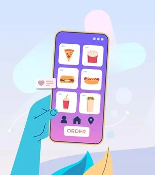 Human hand using mobile app for ordering groceries fast delivery online shopping Illustrazione stock