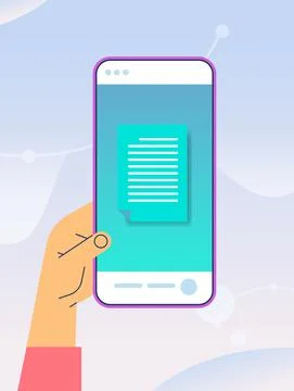 Human hand using mobile app online data statistics remote business control on Illustrazione stock