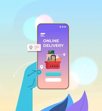 Human hand using mobile app for ordering groceries fast delivery online shopping Stock Illustration