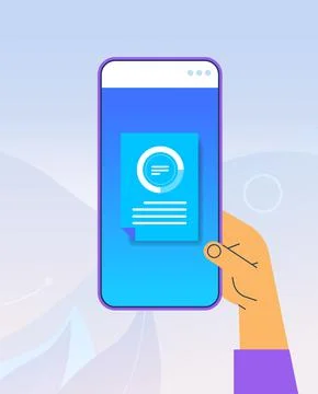 Human hand using mobile app online data statistics remote business control on Illustrazione stock