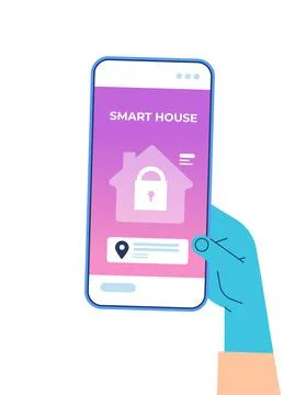 Human hand using mobile app for smart house system control on smartphone screen Stock Illustration