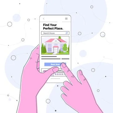 Human hand using mobile app for searching houses for renting or buying online Illustrazione stock