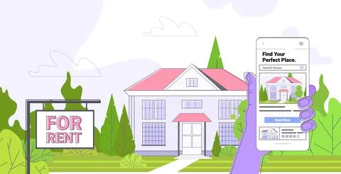 Human hand using mobile app for searching houses for renting or buying online Illustrazione stock