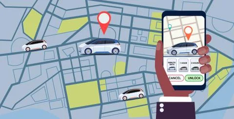 Human hand using mobile application online ordering taxi car sharing concept Ilustración de archivo