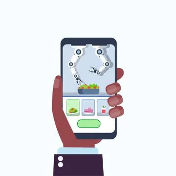 Human hand using mobile application smart handy chef robot cooking serving food イラスト素材