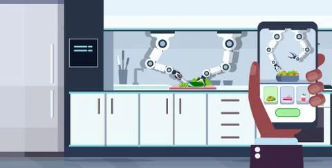 Human hand using mobile application smart handy chef robot cooking serving food イラスト素材