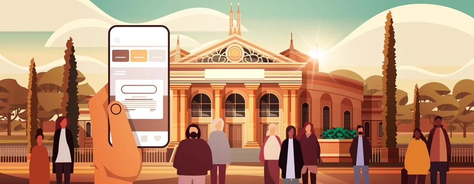 Human hand using mobile application on smartphone screen modern governmental Stock Illustration