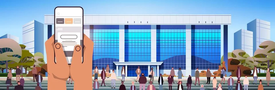 Human hand using mobile application on smartphone screen modern governmental or Stock Illustration