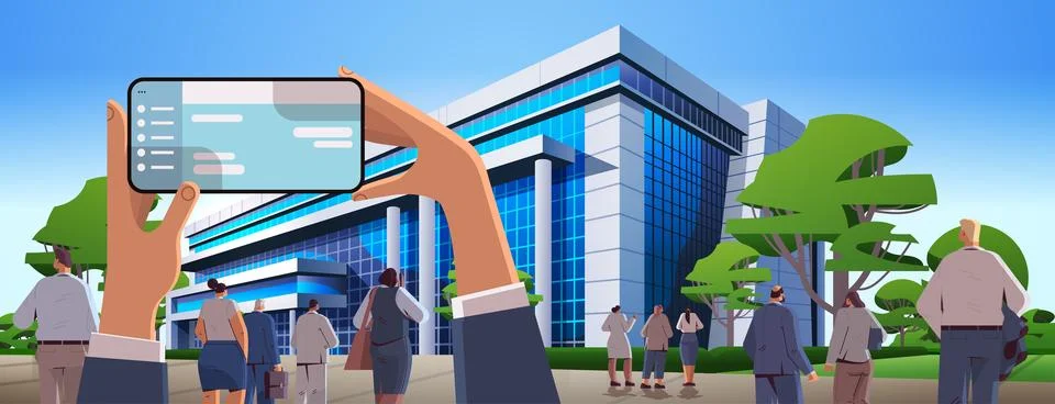 Human hand using mobile application on smartphone screen modern governmental or Stock Illustration