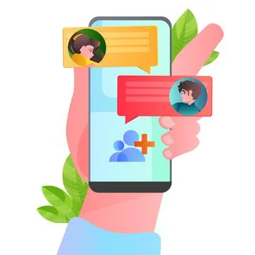 Human hand using mobile chatting ap on smartphone screen social media network Stock Illustration