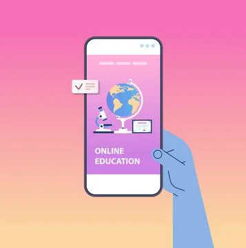Human hand using mobile educational app on smartphone screen online education Illustrazione stock