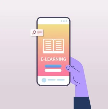 Human hand using mobile educational app on smartphone screen online education e Stock Illustration