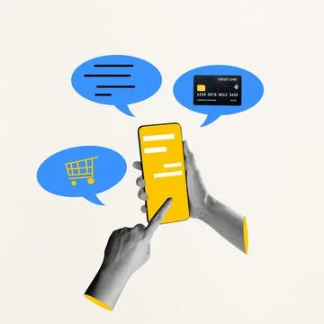 A human hand using a mobile phone with speech bubbles of chatting, shopping.. Stock Photos