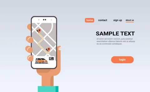 Human hand using online ordering taxi car sharing mobile application concept Ilustración de archivo