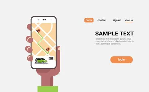 Human hand using online ordering taxi car sharing mobile application concept Ilustración de archivo