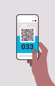 Human hand using qr barcode with queue number on smartphone screen electronic Stock Illustration