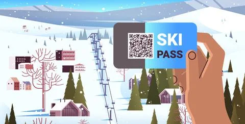 Human hand using ski pass application on smartphone screen winter vacation Illustrazione stock
