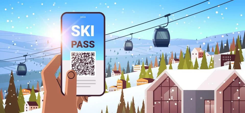 Human hand using ski pass application on smartphone screen winter vacation Stock Illustration