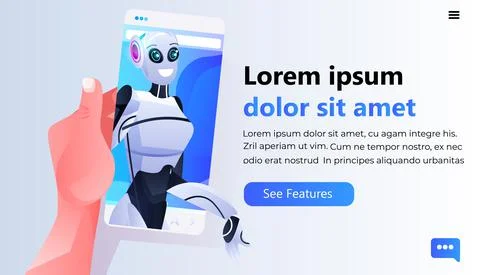 Human hand using smartphone with female robotic person on screen online 스톡 일러스트