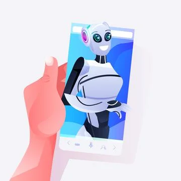 Human hand using smartphone with female robotic person on screen online Stock Illustration