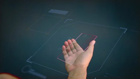 Human Hand using smartphone with futuristic HUD technology Stock Footage 147003586