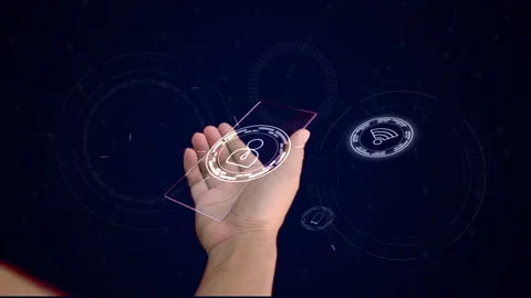 Human Hand using smartphone with futuristic HUD technology Stock Footage 147003761