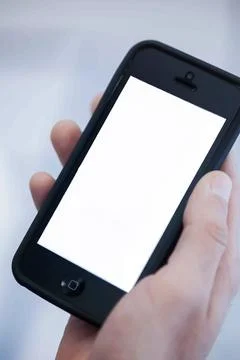 Human Hand using smartphone mobile phone with social media concept. Stock Photos