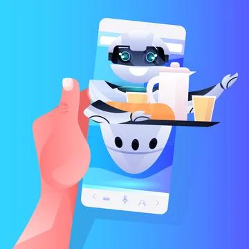 Human hand using smartphone with modern robot waiter serving food on screen Stock Illustration
