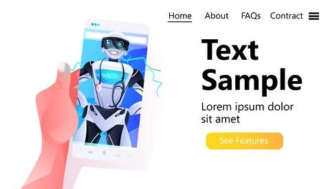 Human hand using smartphone with robot doctor on smartphone screen online Illustrazione stock