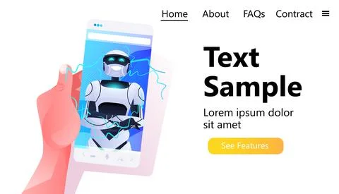 Human hand using smartphone with robot on smartphone screen modern robotic Stock Illustration