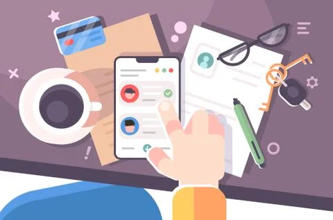 Human hand using smartphone workplace desktop. Stock Illustration