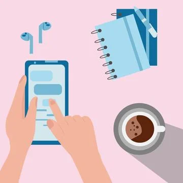 Human hand using smartphone workplace desk background. Illustrazione stock