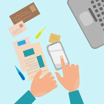 Human hand using smartphone workplace desktop background. Stock Illustration