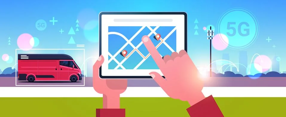 Human hand using tablet delivery service van navigation application 5G online 스톡 일러스트