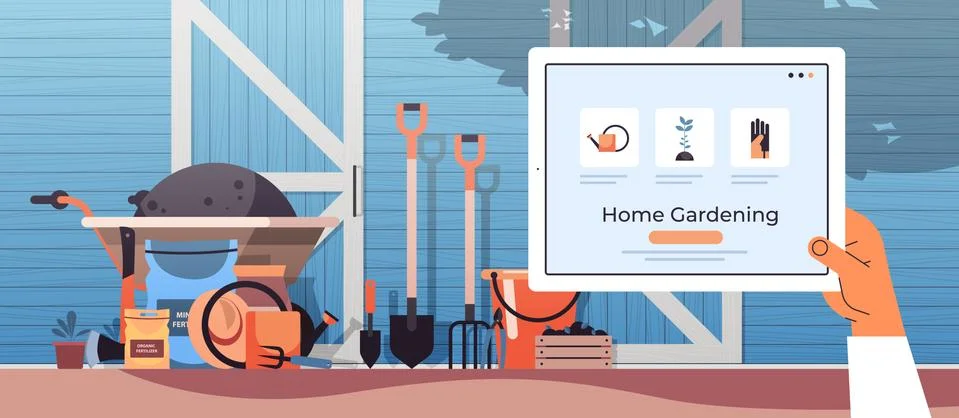 Human hand using tablet pc eco smart farming management home gardening concept 스톡 일러스트