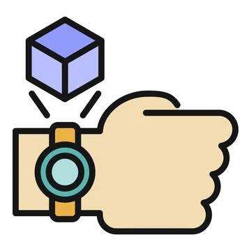 Human hand wearing wearable device projecting a 3d hologram cube Illustrazione stock