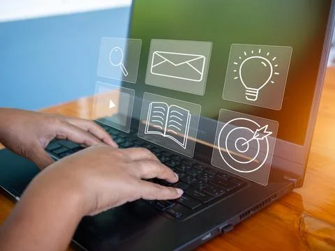 Human hand working on computer. business concept and communication technology Stock Photos