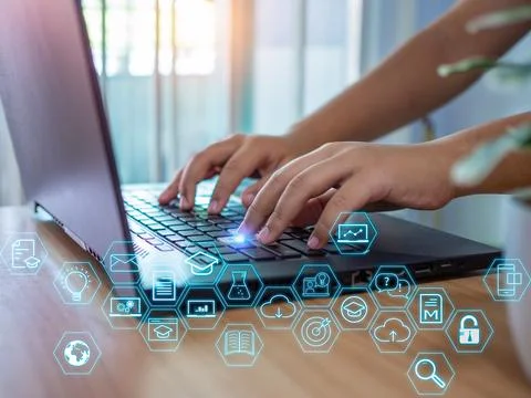 Human hand working on computer. business concept and communication technology Stock Photos