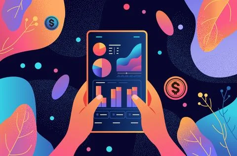 Human hands analyzing graphs on tablet screen financial banking wealth Illustrazione stock