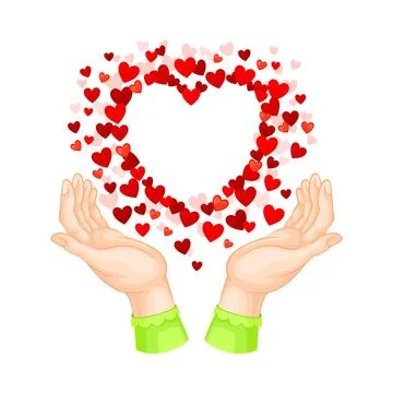 Human Hands and Explosion of Red Hearts as Love and Affection Sign Vector Stock Illustration
