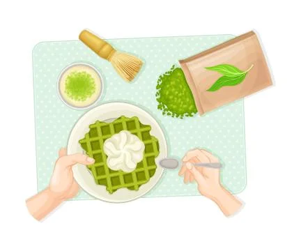 Human Hands and Sweet Waffle as Green Matcha Dessert on Place Mat Vector 스톡 일러스트